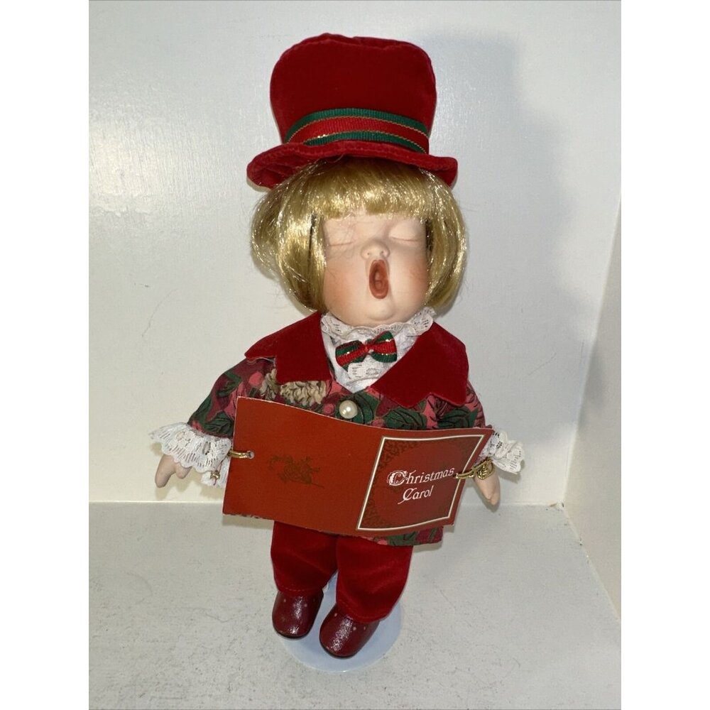 Vintage 1997 Victorian Boy  Porcelain Christmas Caroler Doll W/ Stand T-74